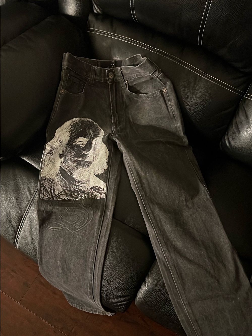 Youth Black Washed Graphic Jeans with Vintage Print